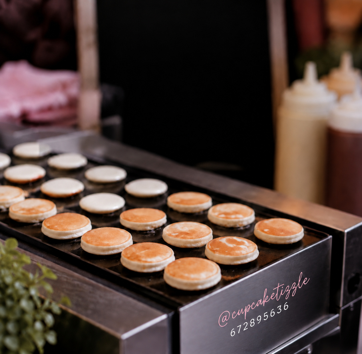 Fresh mini pancake station prepared for a Cupcake Tizzle celebration