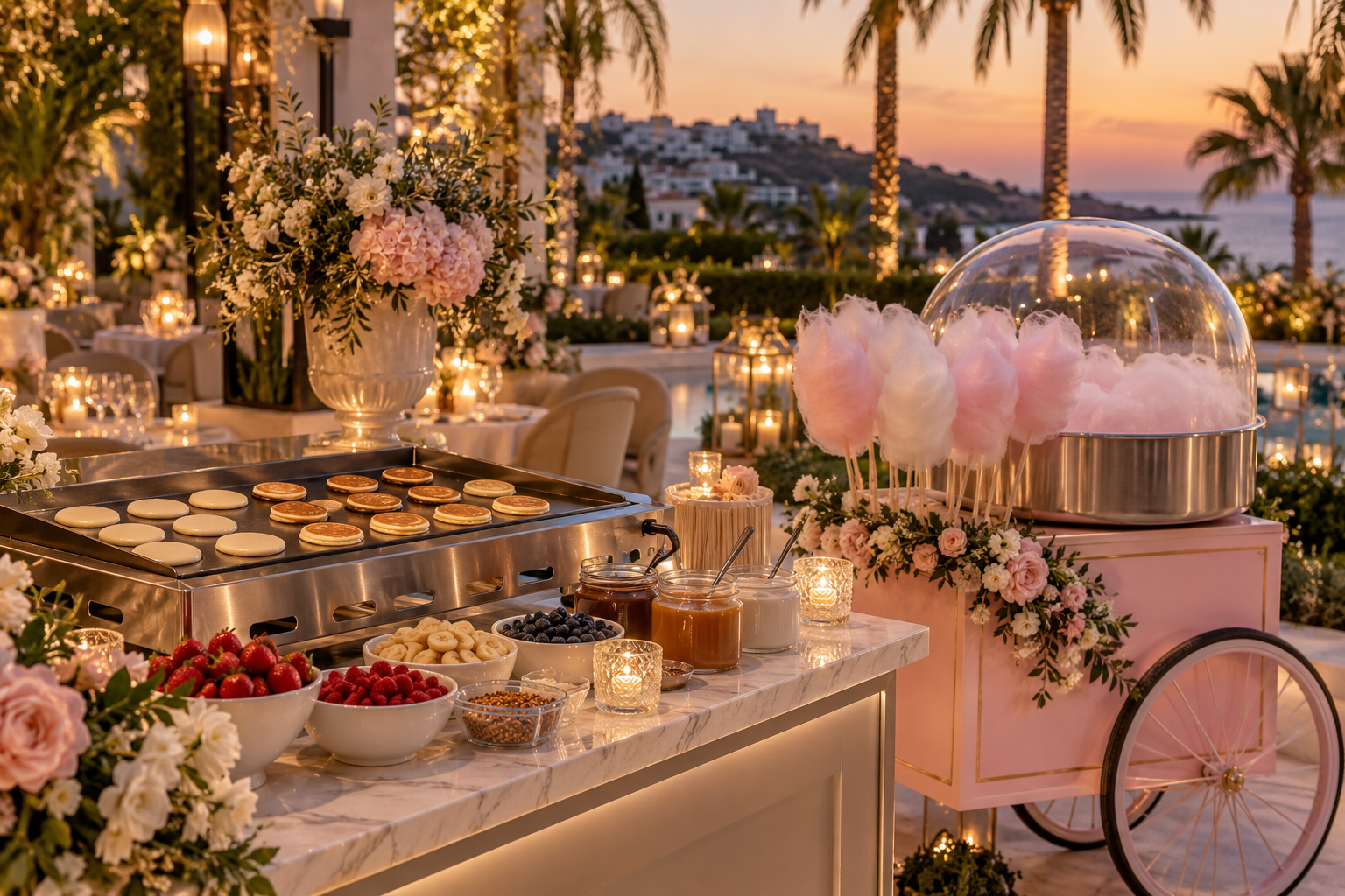 Luxury mini pancake and candy floss stations at a Marbella celebration