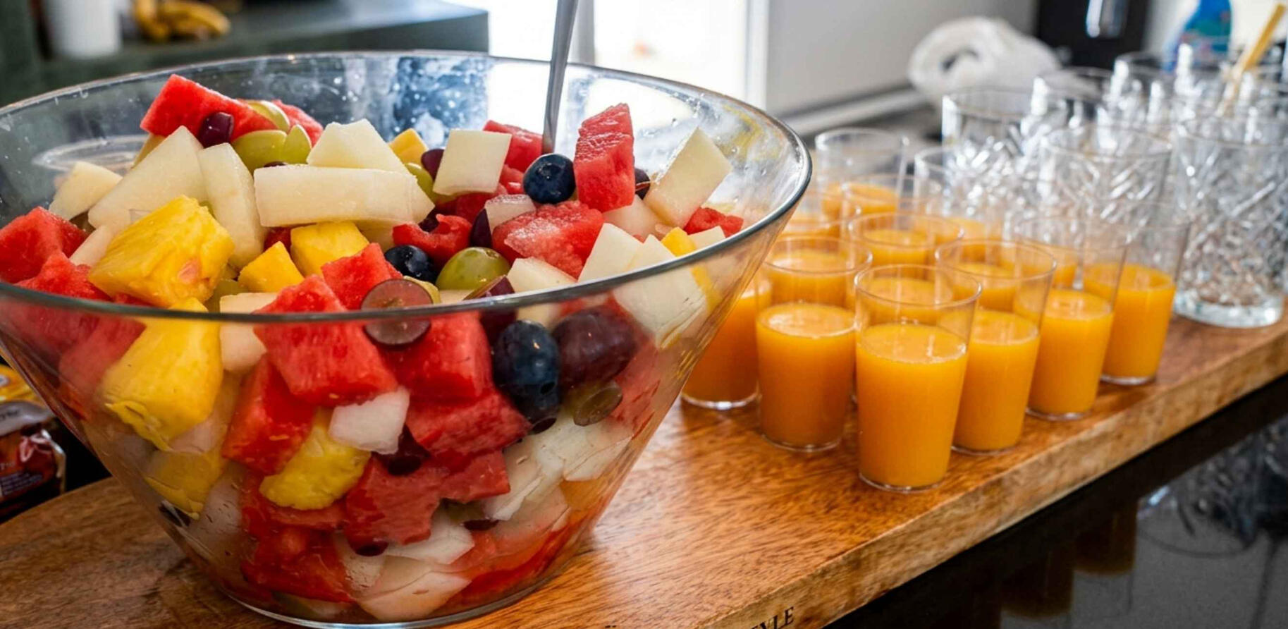 fruit salad and ginger shots elevate catering luxury villa breakfast
